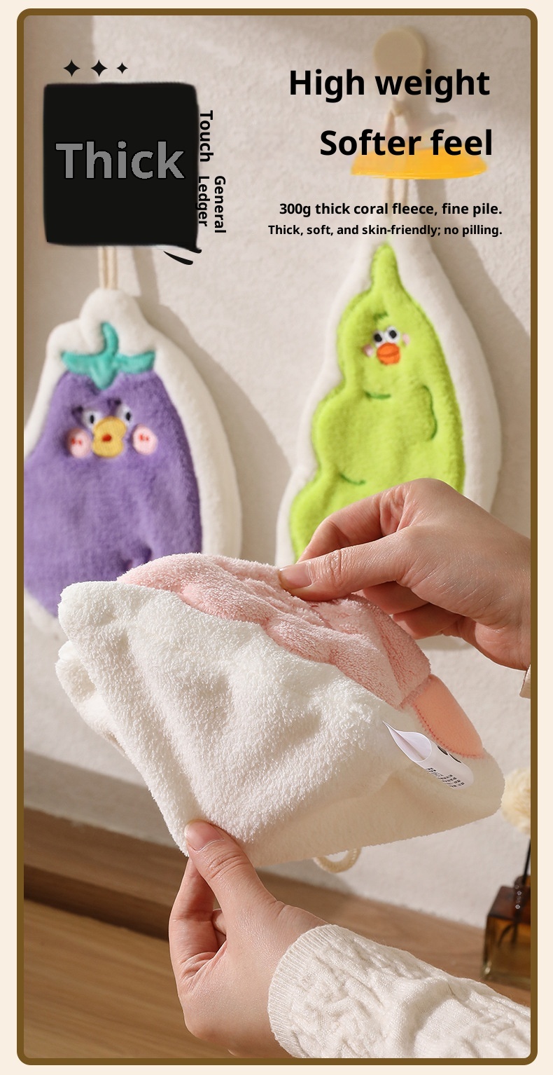 Lillian Cute Cartoon Hanging Three-Layer Thickened Coral Fleece Kitchen Bathroom Quick-Dry Hand Towel Handkerchief_voghion.com