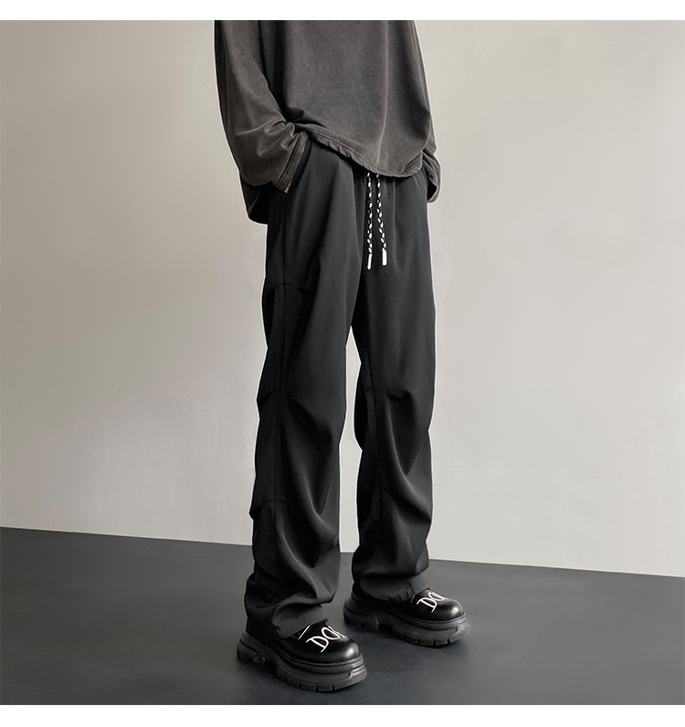 boy Wrinkled Draped Casual Men Summer New Trendy Loose Wide-Leg Ice Silk High-End Paratrooper Cargo Pants_voghion.com