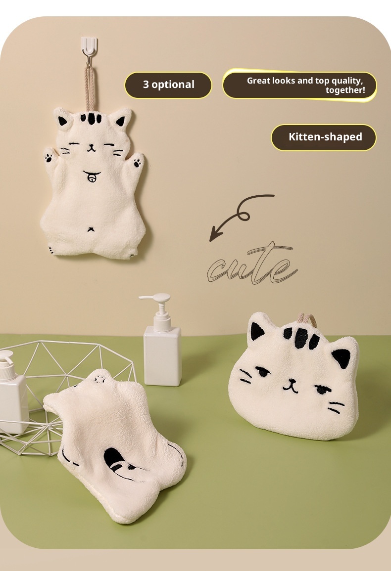 Lillian Big Face Kitchen Hanging Coral Fleece Thickened Cat Hand Children's Cute Absorbent Quick-Dry Towel_voghion.com