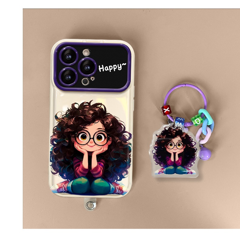TechGlobe Compatible With 15 Pro Max Phone Case IPhone 14 Curly Hair Glasses Girl Pendant 13 Flip Cover Mirror Silicone_voghion.com