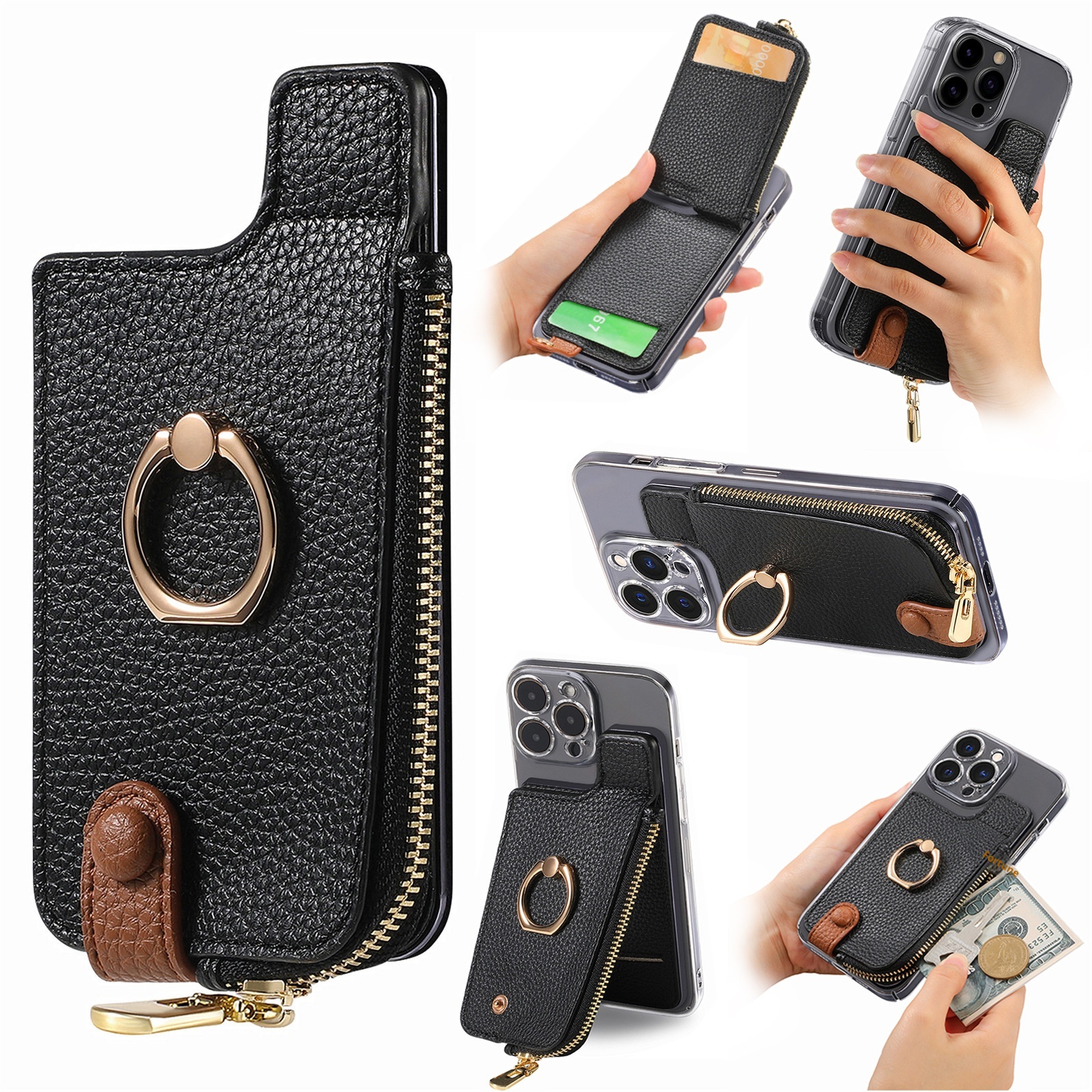 Portafoglio da polso in pelle con clip per monete e adesivo posteriore TechGlobe, porta carte d'identità antifurto RFID_voghion.com