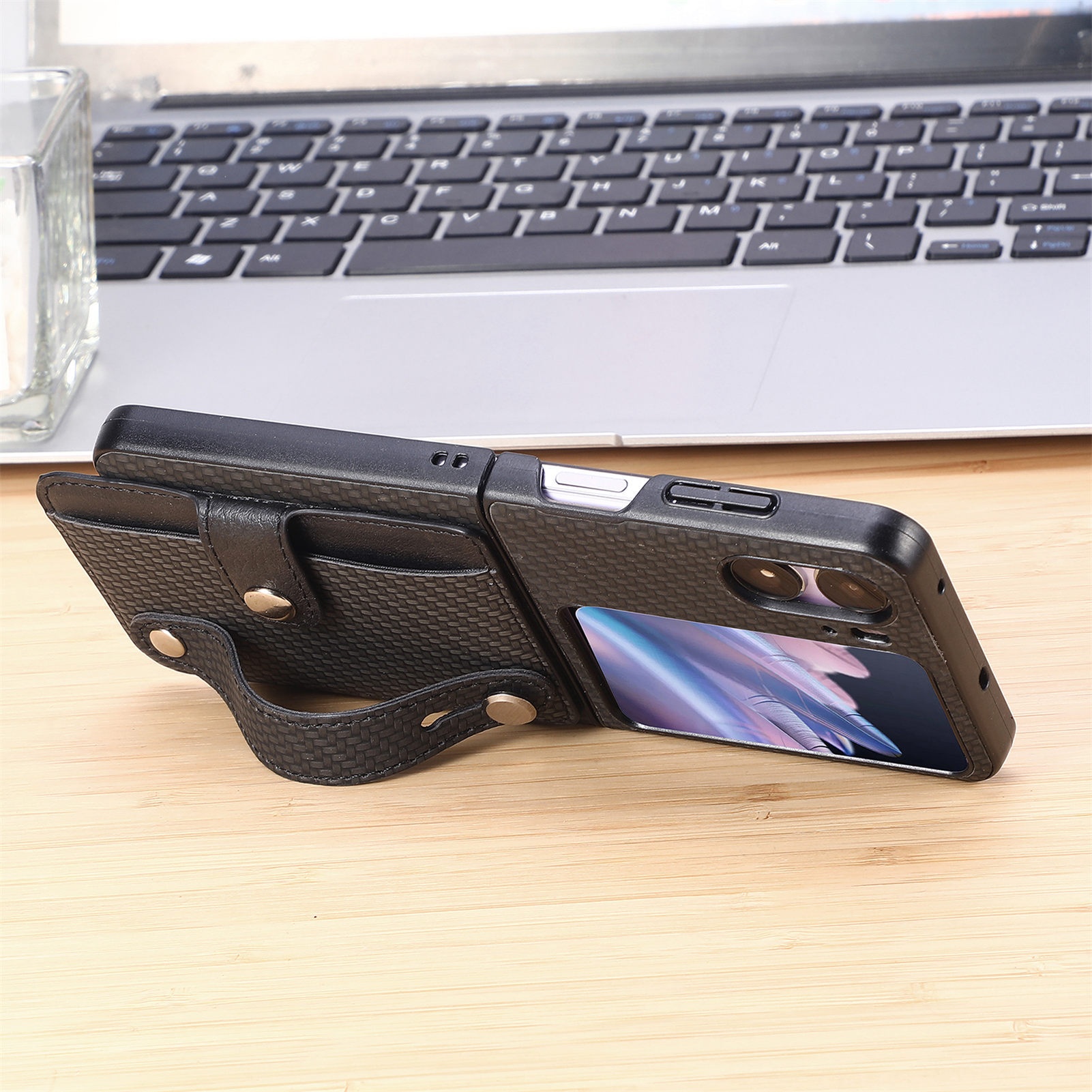 TechGlobe Suitable For OPPO Find N3 Flip Multifunctional Phone Case Creative Stand Card Slot Wrist Strap PC Protective Cover_voghion.com