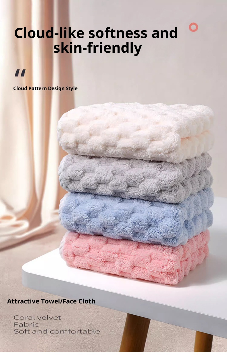 Lillian Cloud Grid Coral Fleece Small Hanging Thickened Bathroom Cute Baby Hand Towel Absorbent Quick-Dry_voghion.com