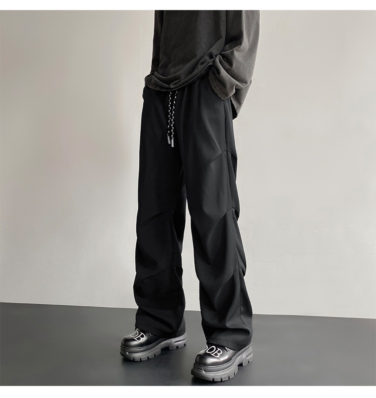 boy Wrinkled Draped Casual Men Summer New Trendy Loose Wide-Leg Ice Silk High-End Paratrooper Cargo Pants_voghion.com