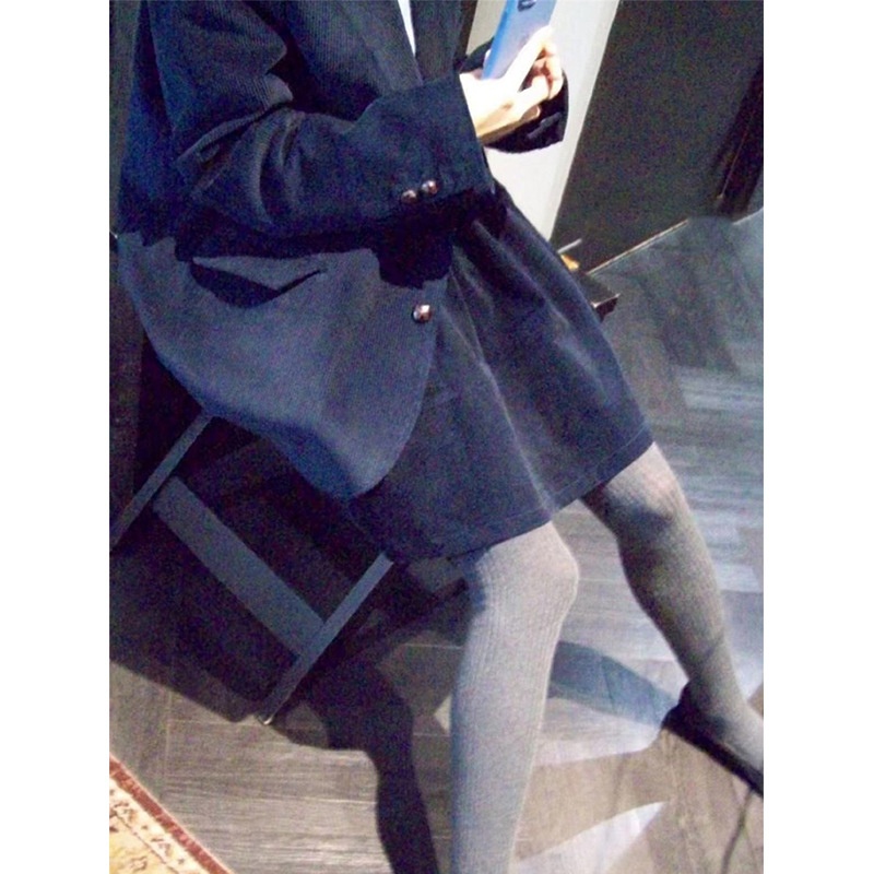 ragazza Ragazza Coreana SMO*THMO*D Retro Velluto a coste Blu Navy Blazer Elastico in Vita Gonna Set per Donna Primavera e Autunno_voghion.com