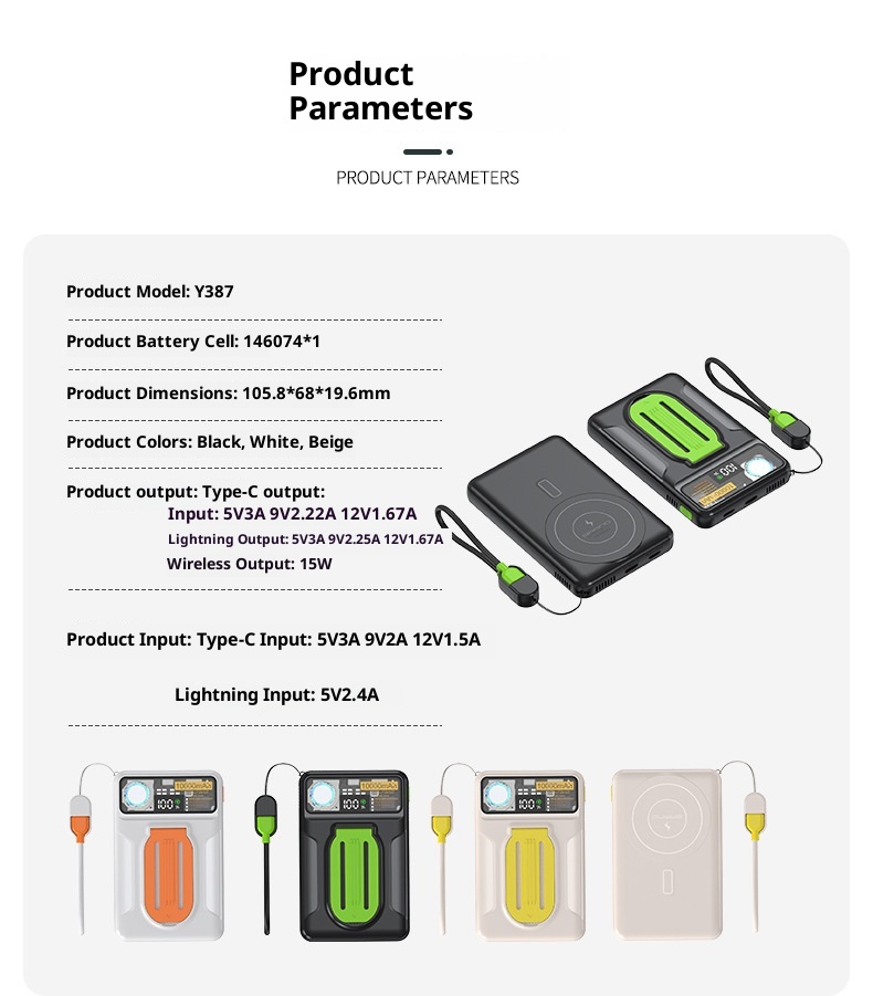 techglobe 22,5W Magnetische, transparente Powerbank mit integriertem Kabel, ultradünn, kompakt, Mini, tragbar, Geschenk, mobile Stromversorgung_voghion.com