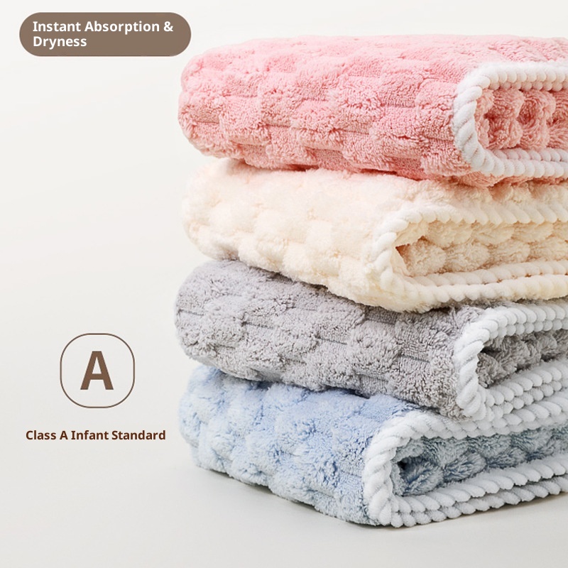Lillian Cloud Grid Coral Fleece Small Hanging Thickened Bathroom Cute Baby Hand Towel Absorbent Quick-Dry_voghion.com