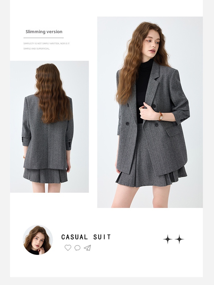 Grauer Blazer für Damen, Frühjahr/Herbst 2025 – Neues, lässiges und hochwertiges Business-Set in kleinen Größen mit Faltenrock_voghion.com