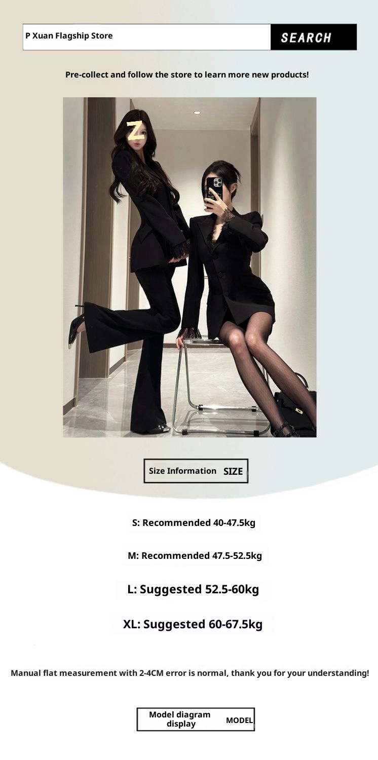 Ragazza Ragazza Blazer con maniche patchwork in pizzo nero per donna, elegante set casual da due pezzi per autunno inverno con pantaloni lunghi_voghion.com