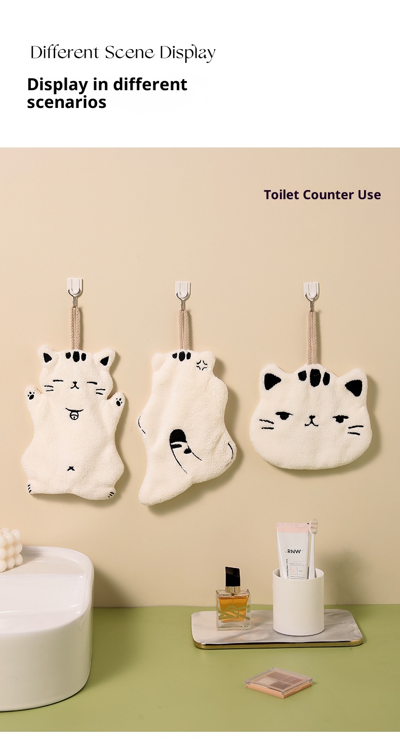 Lillian Big Face Kitchen Hanging Coral Fleece Thickened Cat Hand Children's Cute Absorbent Quick-Dry Towel_voghion.com