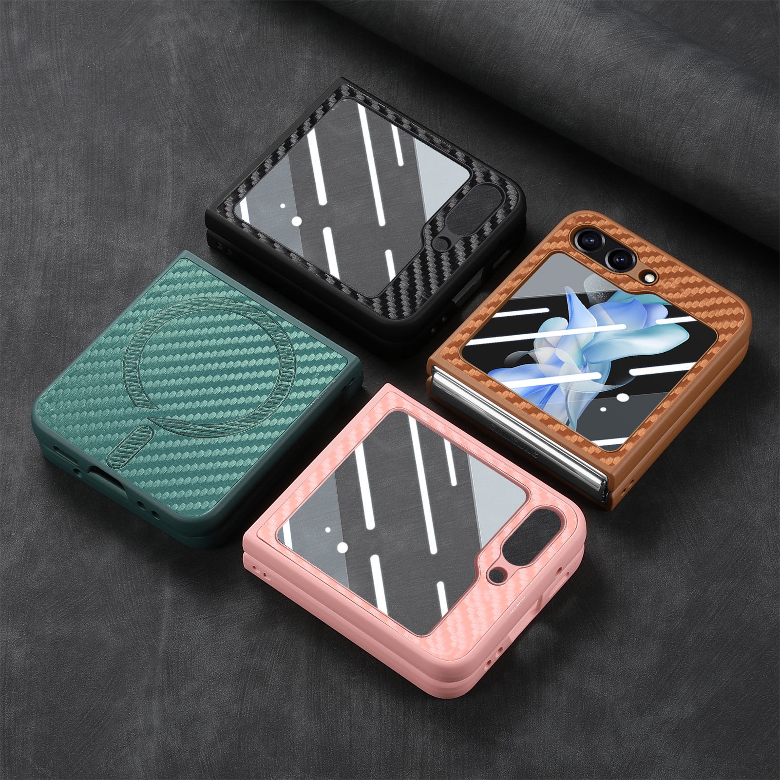 TechGlobe compatibile con Samsung ZFlip6 con motivo in fibra di carbonio, pellicola di ricarica wireless magnetica per telefono integrata, custodia ZFlip5 in scatola_voghion.com