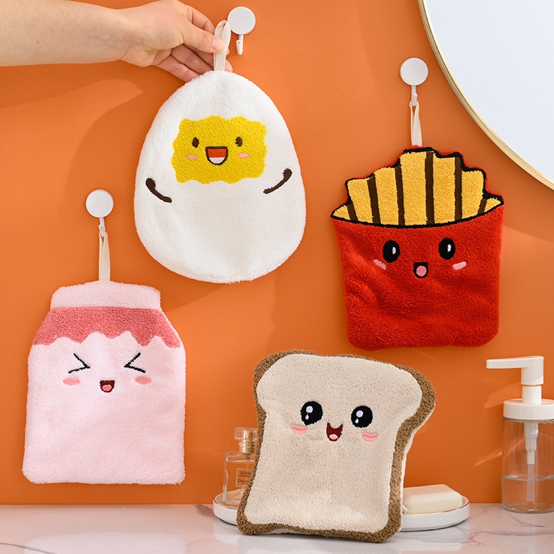 Lillian French Fries Family Hanging Hand Absorbent, Large And Thick, Odorless Coral Fleece Square Towel, Kitchen Handkerchief_voghion.com