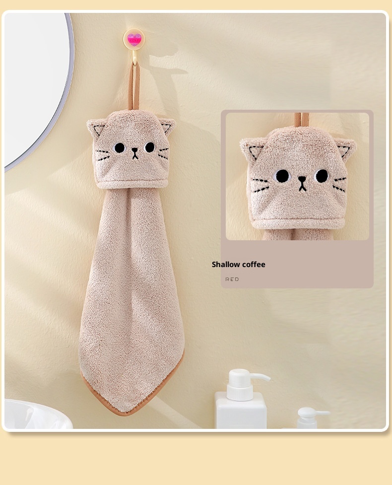 Lillian Korallenvlies Niedliches Katzen-Stickerei Hand Hängendes Saugfähiges Küchen-Badezimmer-Doppelverwendungs-Quadrathandtuch Großhandel_voghion.com