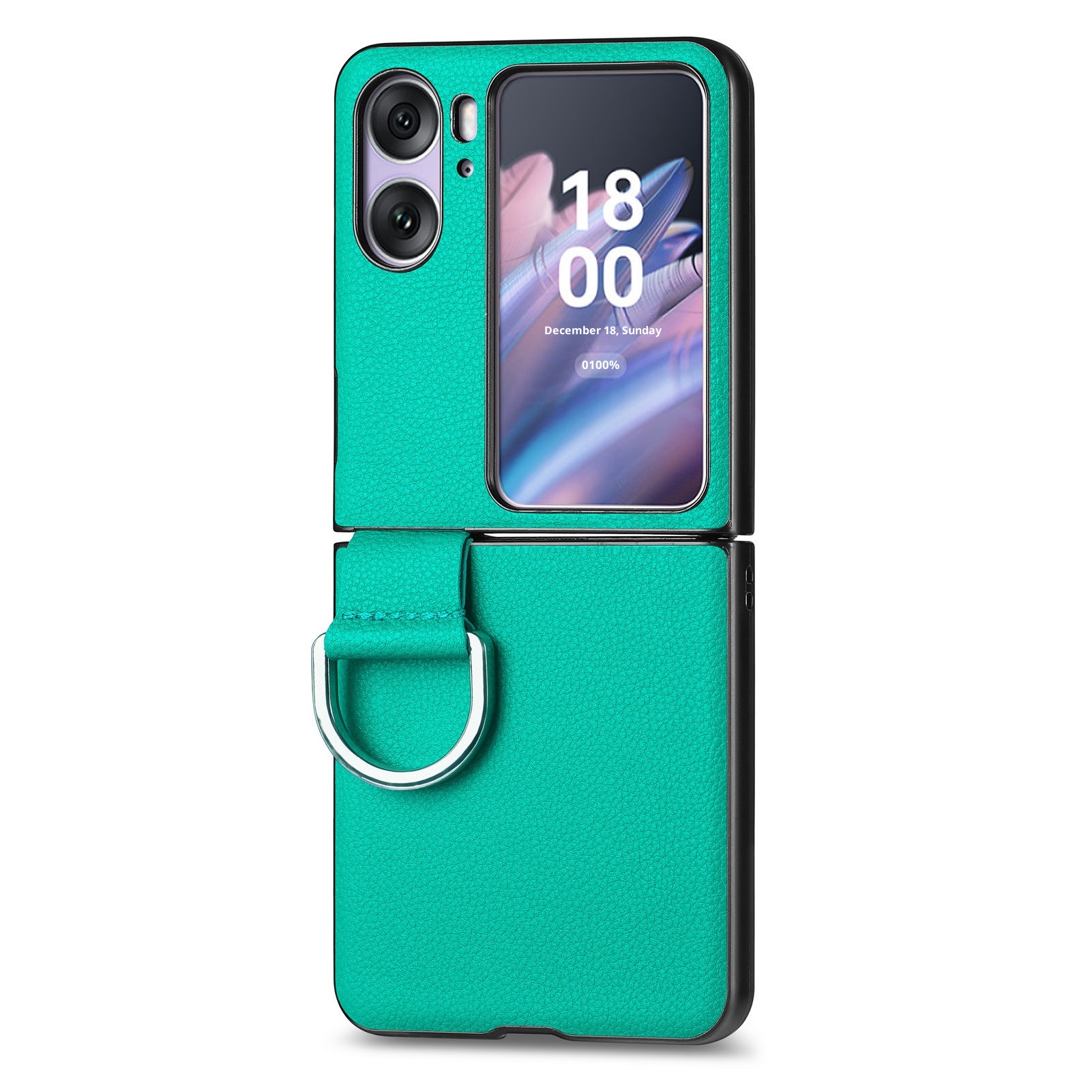 TechGlobe Compatibel met Oppo Find N3 Flip-telefoonhoesje Lychee-patroon Effen kleur Leren ringhouder Omhoog en omlaag vouwbaar scherm_voghion.com