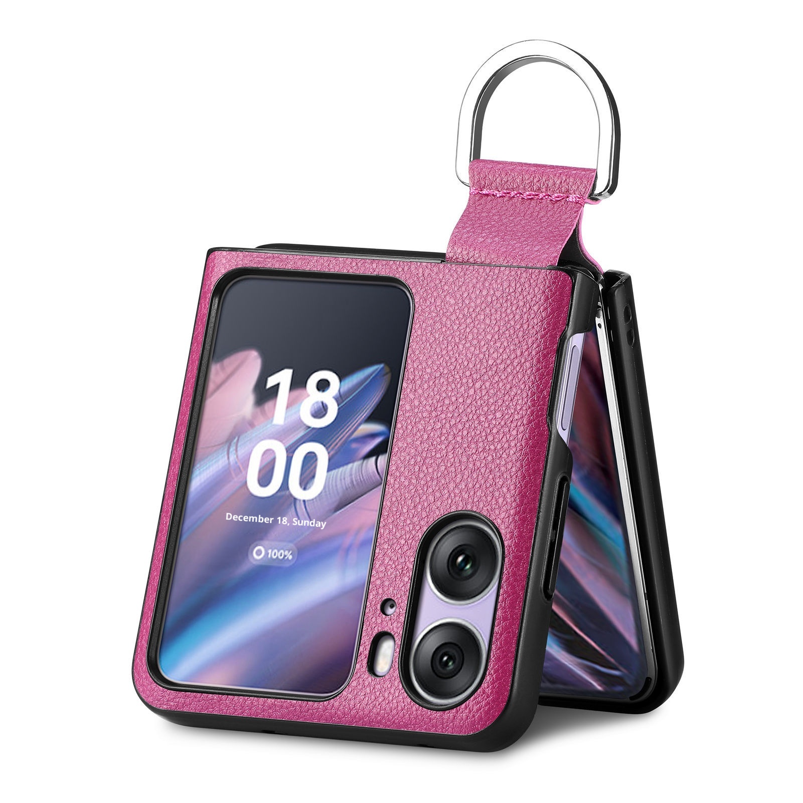 TechGlobe Compatibel met Oppo Find N3 Flip-telefoonhoesje Lychee-patroon Effen kleur Leren ringhouder Omhoog en omlaag vouwbaar scherm_voghion.com