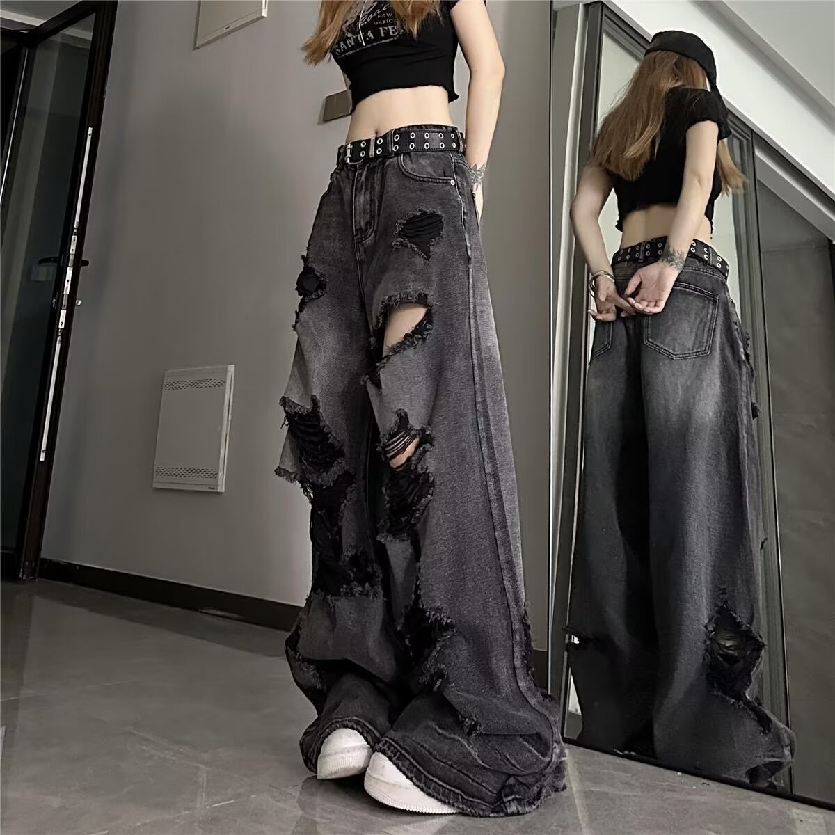Boy Hong Kong Ripped Jeans Unisex High Street American Pear-Shaped Body European Style Beggar Wide-Leg Long Pants_voghion.com