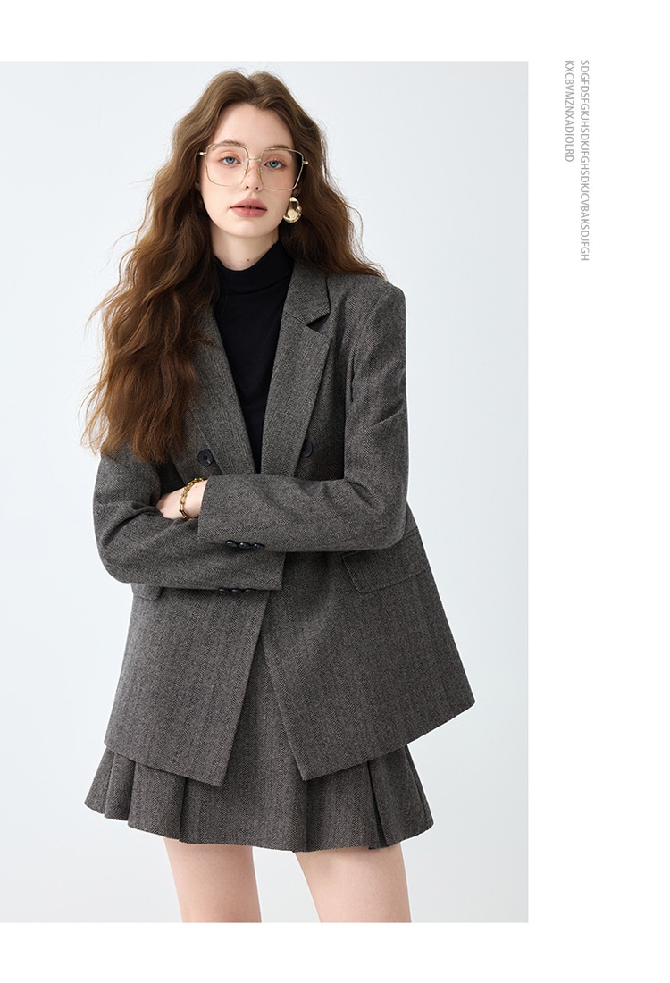 Grauer Blazer für Damen, Frühjahr/Herbst 2025 – Neues, lässiges und hochwertiges Business-Set in kleinen Größen mit Faltenrock_voghion.com