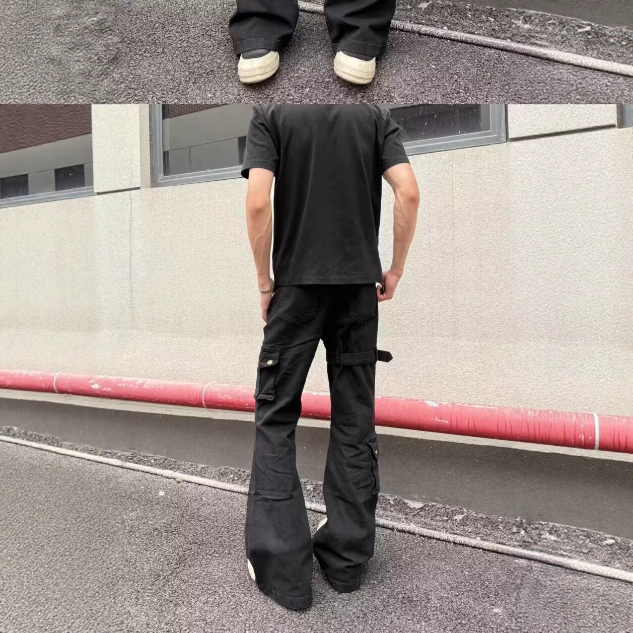 Jean cargo évasé à lacets noir pour homme, collection printemps-automne, style américain tendance, coupe slim et jambes pattes d'éléphant._voghion.com