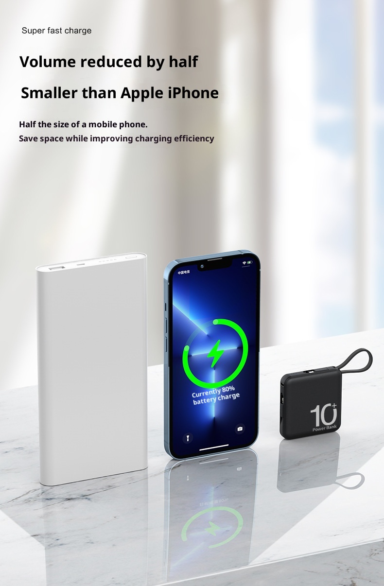 techglobe Neue Mini-Powerbank mit großer Kapazität (10000 mAh) und integriertem Schnellladekabel – Kompaktes, tragbares Ladegerät_voghion.com