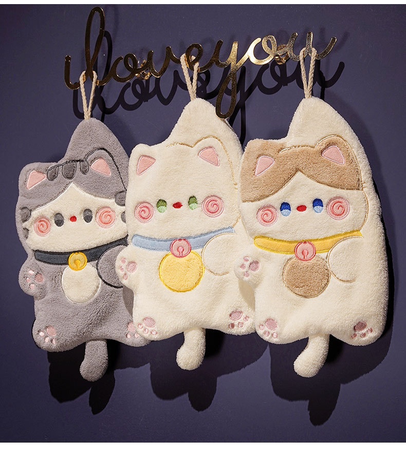 Lillian Cat Cute Hanging Coral Fleece Absorbent Small Kitchen Cloth Children's Hand Towel_voghion.com
