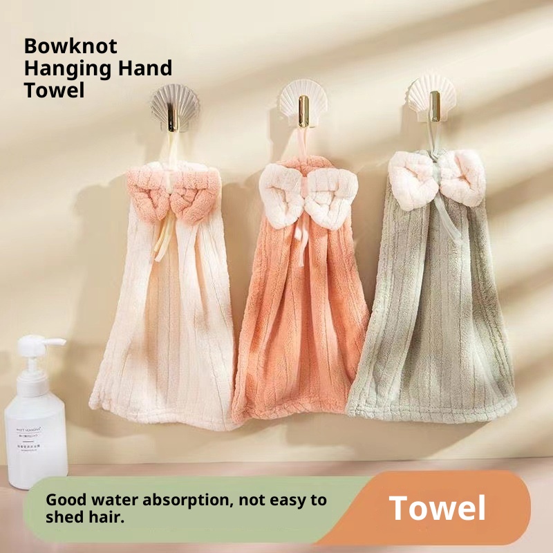 Lillian Thick Coral Fleece Bowknot Hand Bathroom Hangable Non-Smelly Small Household Hanging Towel_voghion.com