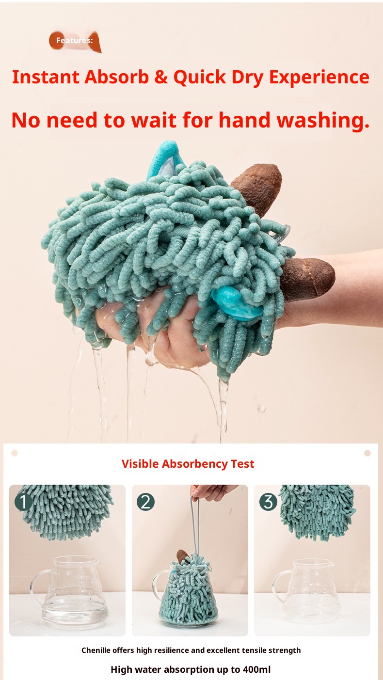 Asciugamano per bambini con pallina in ciniglia con animali dei cartoni animati Lillian Kang Le House, carino e spesso, da appendere_voghion.com