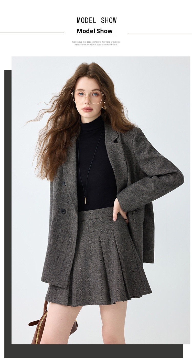 Grauer Blazer für Damen, Frühjahr/Herbst 2025 – Neues, lässiges und hochwertiges Business-Set in kleinen Größen mit Faltenrock_voghion.com