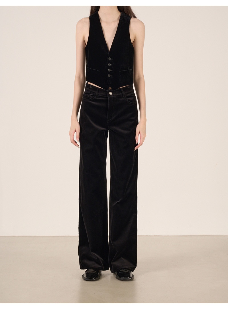 girl Girl YIMENG Light High-End Feel Black Velvet Peak Lapel Women's Blazer Waist-Cinching Vest Straight-Leg Pants Suit_voghion.com