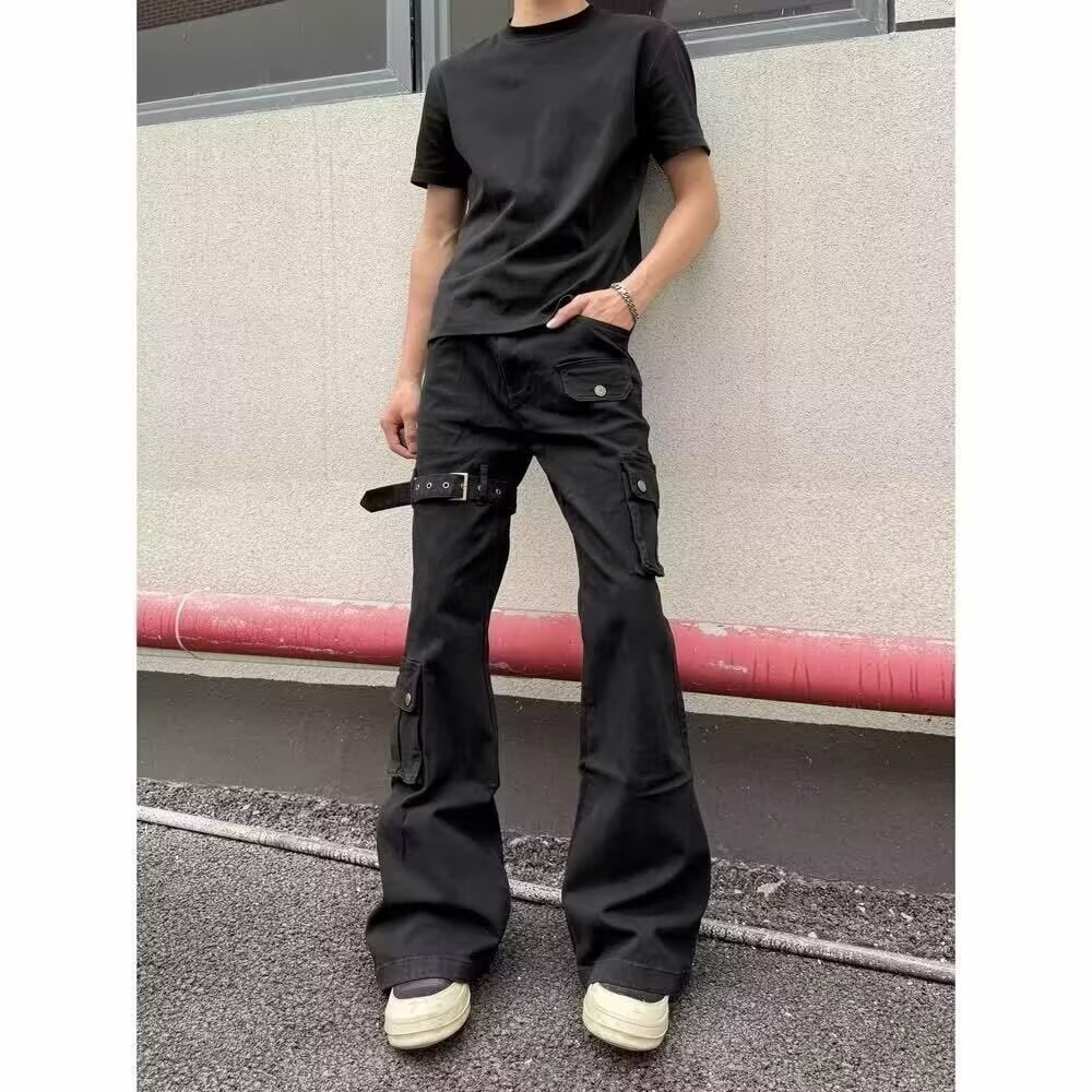 Jean cargo évasé à lacets noir pour homme, collection printemps-automne, style américain tendance, coupe slim et jambes pattes d'éléphant._voghion.com