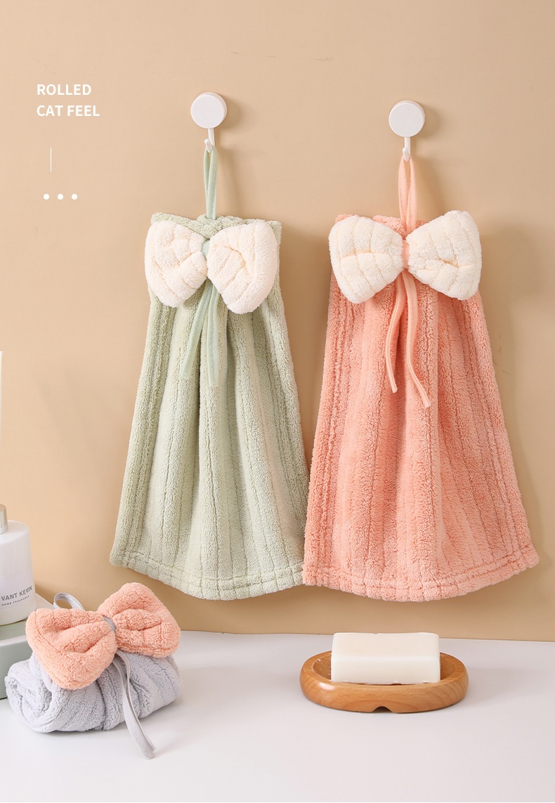 Lillian Hanging Cute Cartoon Bowknot Absorbent Towel Coral Fleece Bathroom Kitchen Hand Cloth_voghion.com