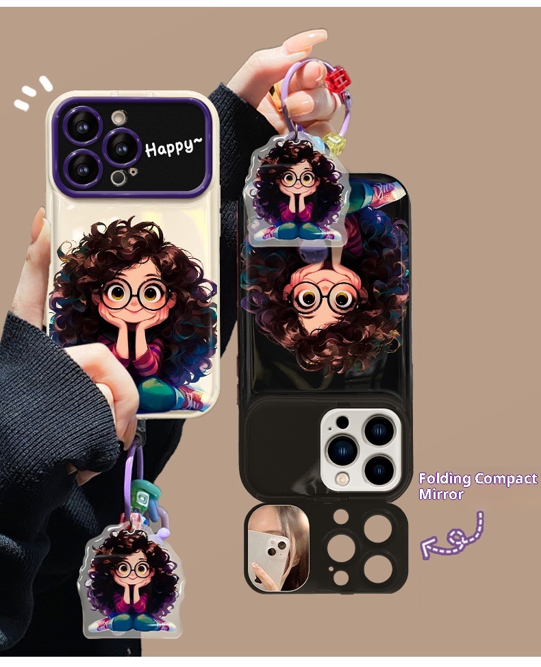 TechGlobe Compatible With 15 Pro Max Phone Case IPhone 14 Curly Hair Glasses Girl Pendant 13 Flip Cover Mirror Silicone_voghion.com