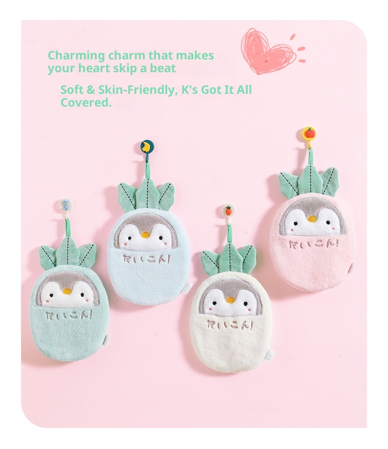Lillian Japanese Style Cartoon Penguin Towel Hanging Cute Double Layer Thickened Absorbent Hand Bathroom Kitchen Wiping Cloth_voghion.com