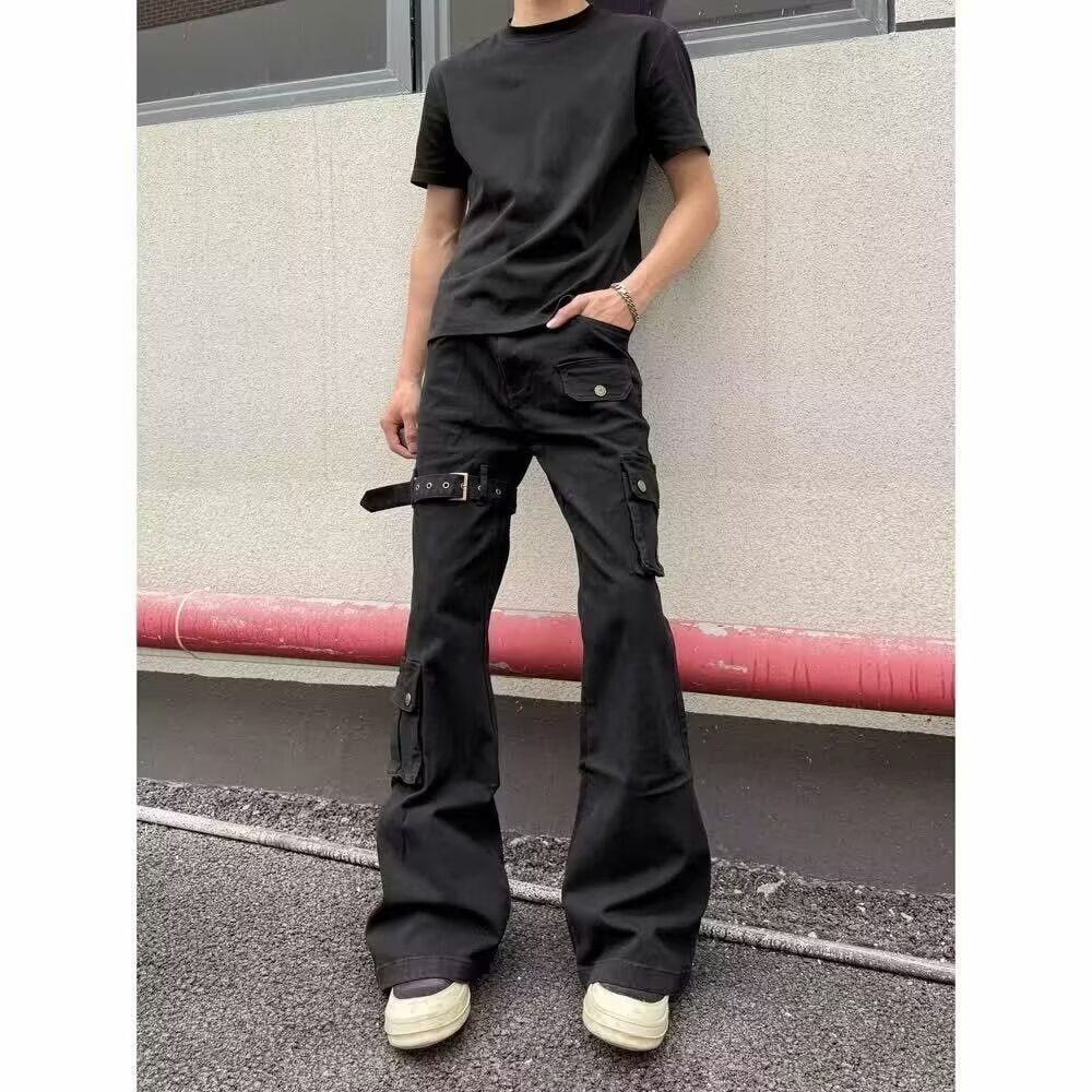 Jean cargo évasé à lacets noir pour homme, collection printemps-automne, style américain tendance, coupe slim et jambes pattes d'éléphant._voghion.com
