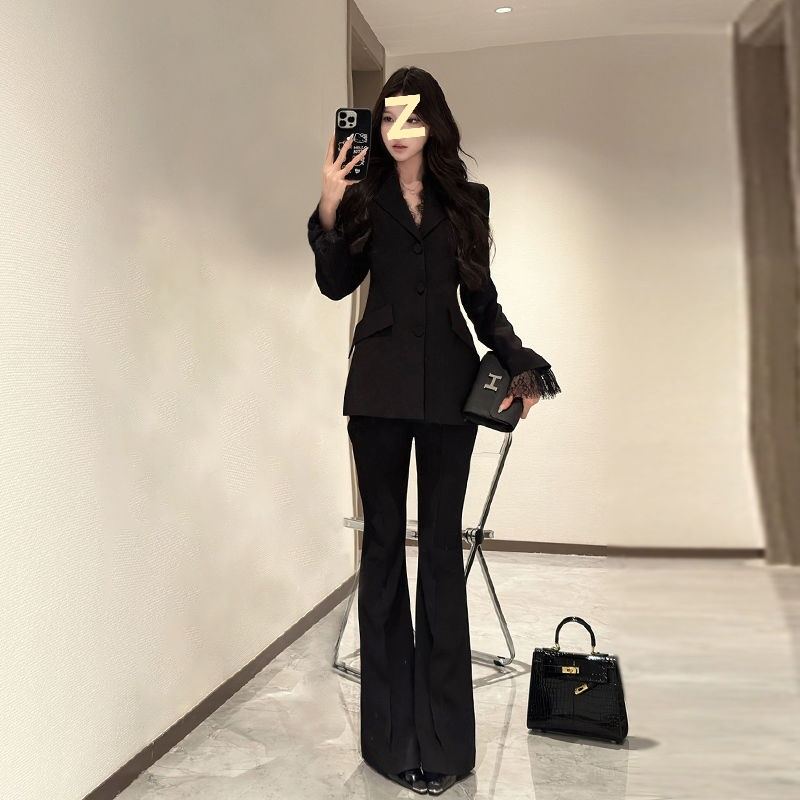 Ragazza Ragazza Blazer con maniche patchwork in pizzo nero per donna, elegante set casual da due pezzi per autunno inverno con pantaloni lunghi_voghion.com