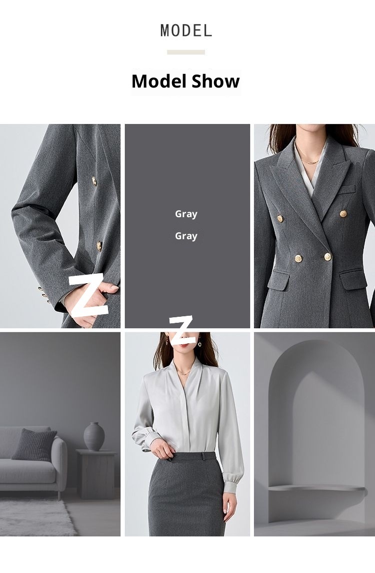 girl Girl Gray Set For Women, Double-Breasted, Petite Formal Wear, College Student Exam Interview Professional Suit_voghion.com