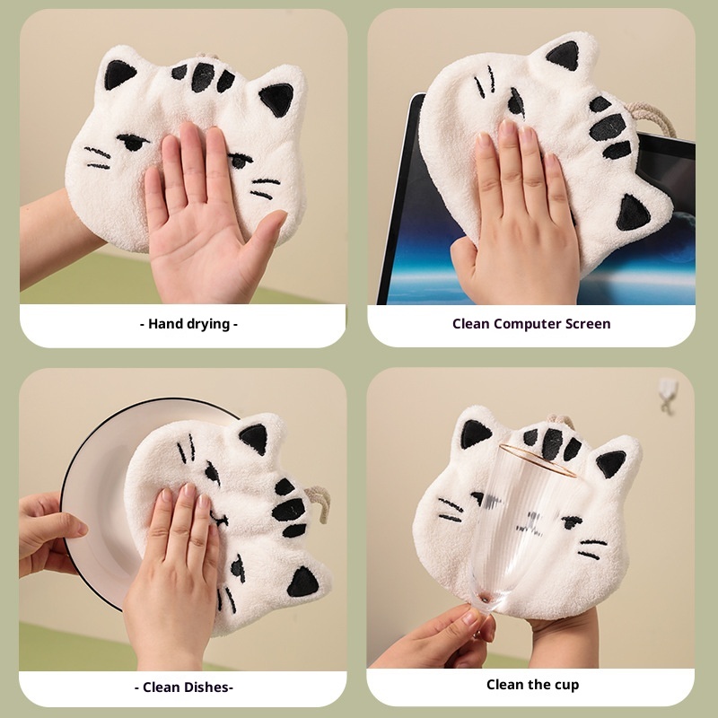 Lillian Big Face Kitchen Hanging Coral Fleece Thickened Cat Hand Children's Cute Absorbent Quick-Dry Towel_voghion.com