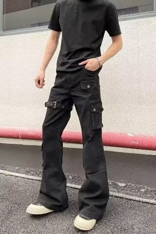 Jean cargo évasé à lacets noir pour homme, collection printemps-automne, style américain tendance, coupe slim et jambes pattes d'éléphant._voghion.com