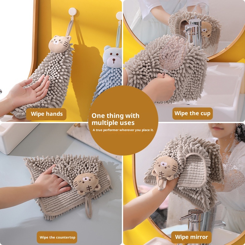 Lillian Chenille Cartoon Animal Hand Ball Household Kitchen Children Embroidered Hanging Absorbent Towel Cross-Border_voghion.com