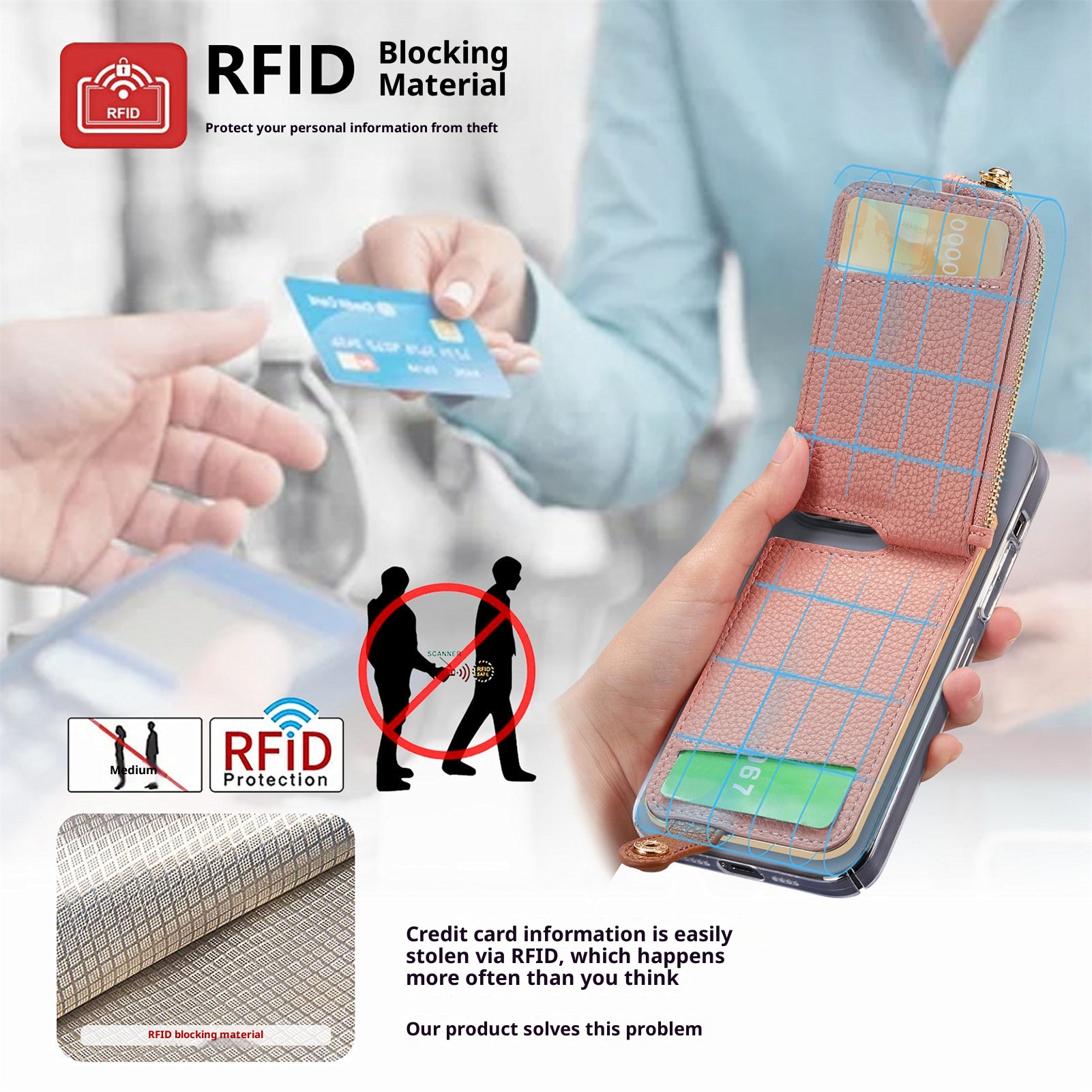 Portafoglio da polso in pelle con clip per monete e adesivo posteriore TechGlobe, porta carte d'identità antifurto RFID_voghion.com