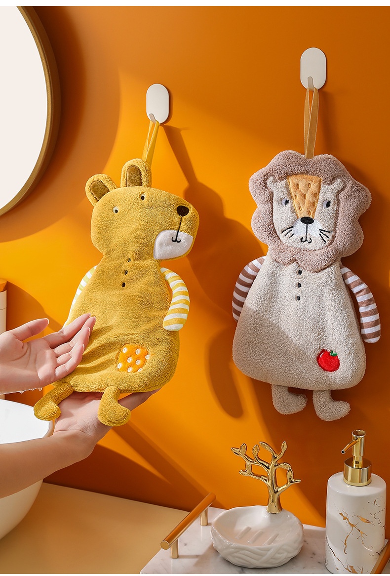 Lillian Cartoon Animal Shaped Coral Fleece Hand Bathroom Hanging Absorbent Kitchen Thick Embroidered Square Towel Cross-Border_voghion.com