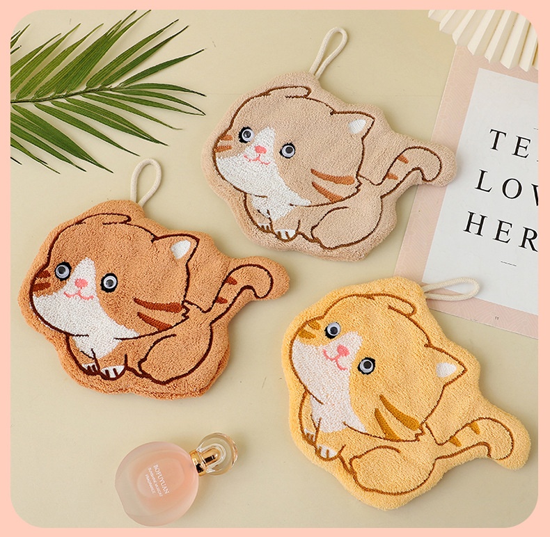 Lillian Factory In-Stock Cartoon Kitten Coral Fleece Hanging Hand Towel Bathroom Kitchen Cloth Wholesale_voghion.com