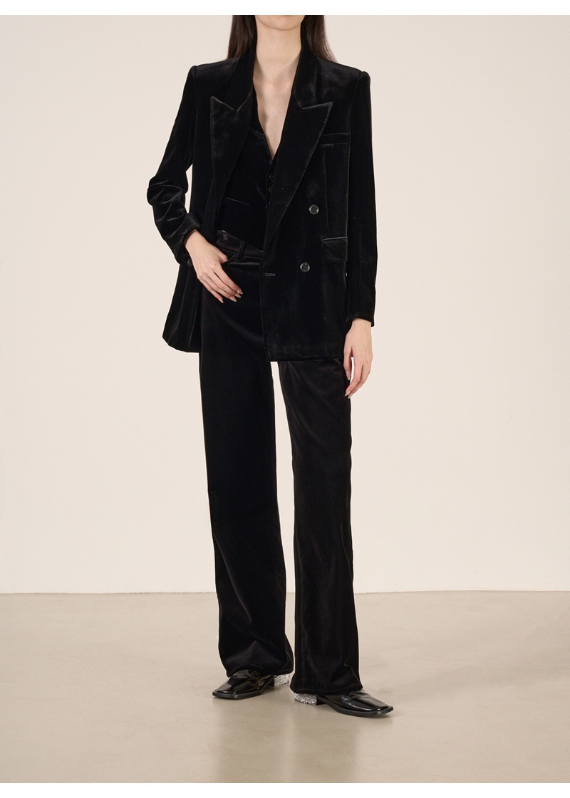 girl Girl YIMENG Light High-End Feel Black Velvet Peak Lapel Women's Blazer Waist-Cinching Vest Straight-Leg Pants Suit_voghion.com