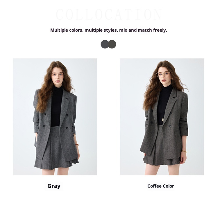 Grauer Blazer für Damen, Frühjahr/Herbst 2025 – Neues, lässiges und hochwertiges Business-Set in kleinen Größen mit Faltenrock_voghion.com