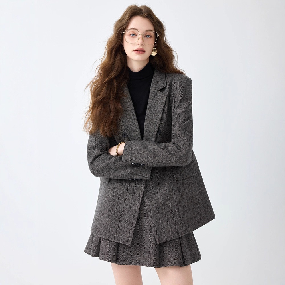 Grauer Blazer für Damen, Frühjahr/Herbst 2025 – Neues, lässiges und hochwertiges Business-Set in kleinen Größen mit Faltenrock_voghion.com