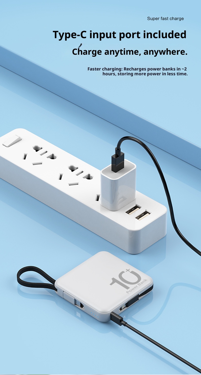 techglobe Neue Mini-Powerbank mit großer Kapazität (10000 mAh) und integriertem Schnellladekabel – Kompaktes, tragbares Ladegerät_voghion.com