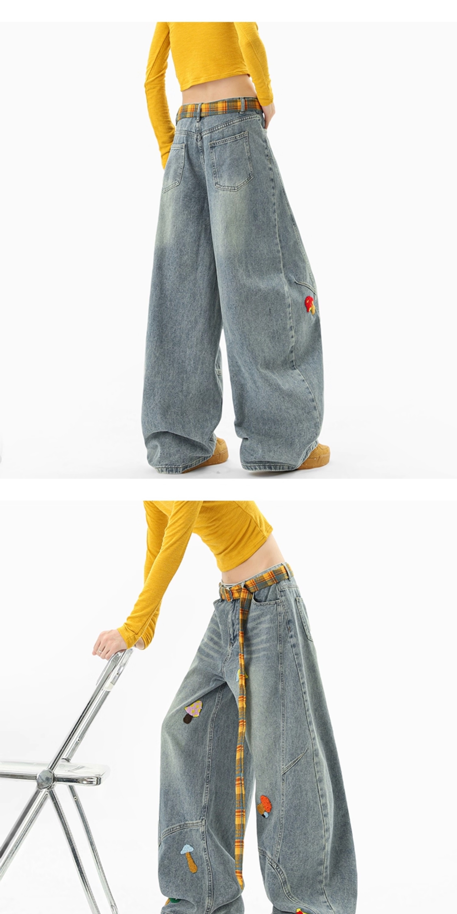 boy Boy American Style Deconstructed Towel Embroidered Jeans Men And Women, Loose Fit Washed Scimitar Pants, Unique Design_voghion.com