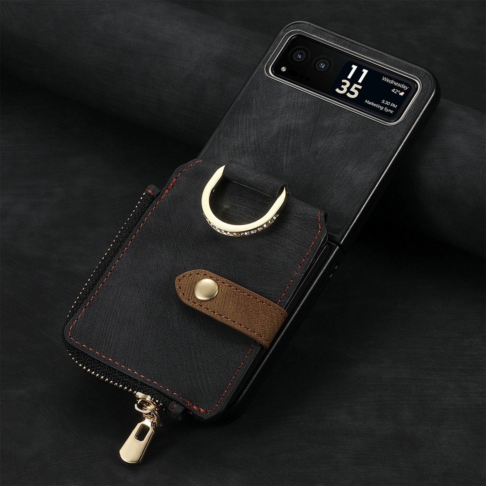 TechGlobe Cross-Border kompatible Moto Ultra Leder-Handyhülle mit mehreren Kartenfächern, Ring, PU-Kartenhalter, faltbar, Razr 60_voghion.com