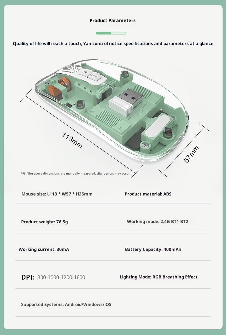Mouse ottico da gioco silenzioso per computer, modello ricaricabile, trasparente, wireless, Bluetooth, a tre modalità, personalizzato da Techglobe_voghion.com