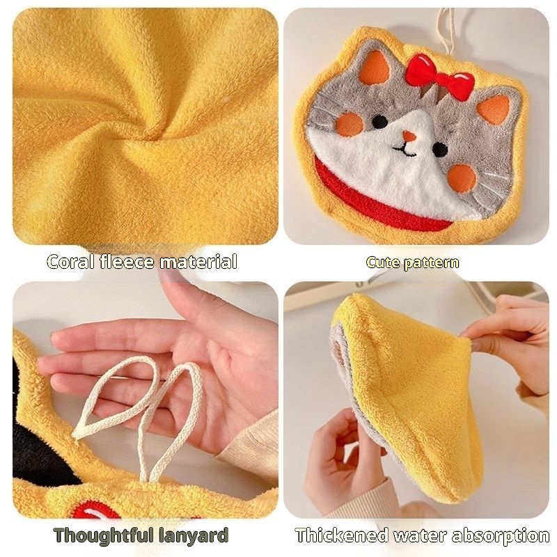 Lillian Cartoon Cute Cat Hanging Hand Household Kitchen Bathroom Thickened Coral Absorbent Cloth Towel_voghion.com