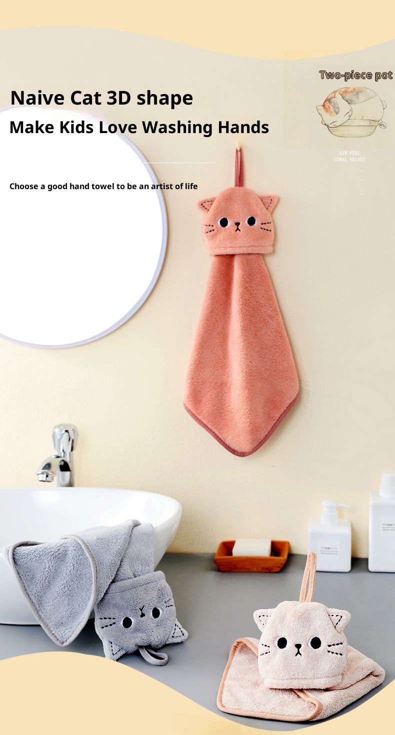 Lillian Korallenvlies Niedliches Katzen-Stickerei Hand Hängendes Saugfähiges Küchen-Badezimmer-Doppelverwendungs-Quadrathandtuch Großhandel_voghion.com